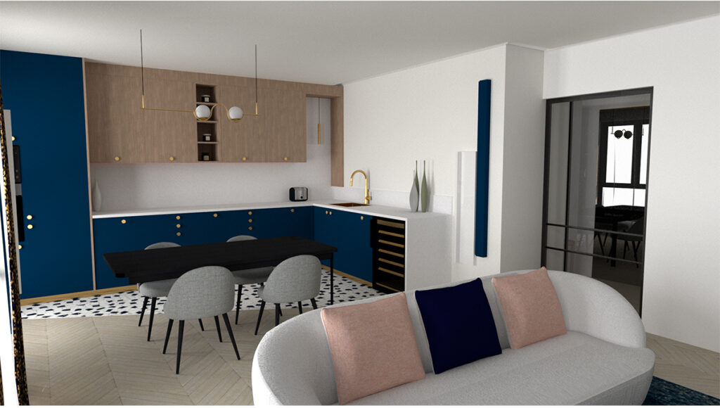 Vue 3D - salon / salle à manger / cuisine Montreuil